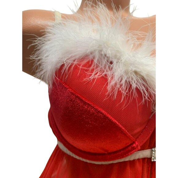 VTG Red Feather Trim Lingerie Babydoll Nightgown Holiday Santa Inner Secrets L - Picture 3 of 8